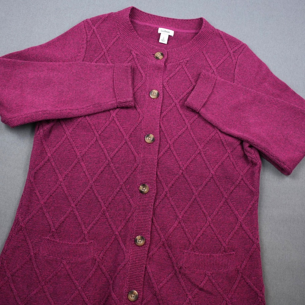 LL Bean Diamond Quilted Knit Cardigan Pockets Sweater Pink Button Front Women L